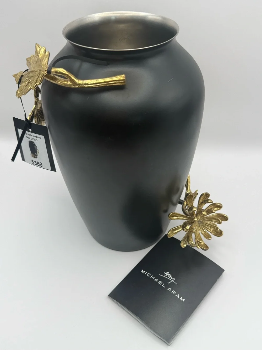Michael Aram Dahlia Vase Medium Black & Gold Brass Floral Designer Decor